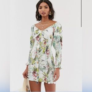 ASOS DESIGN Button Through Shirred Mini Dress in Tropical Print - Size 8